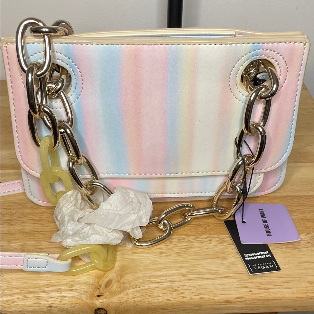 House of Want Vegan Leather Chic Pastel Striped Crossbody Bag with Chain Detail